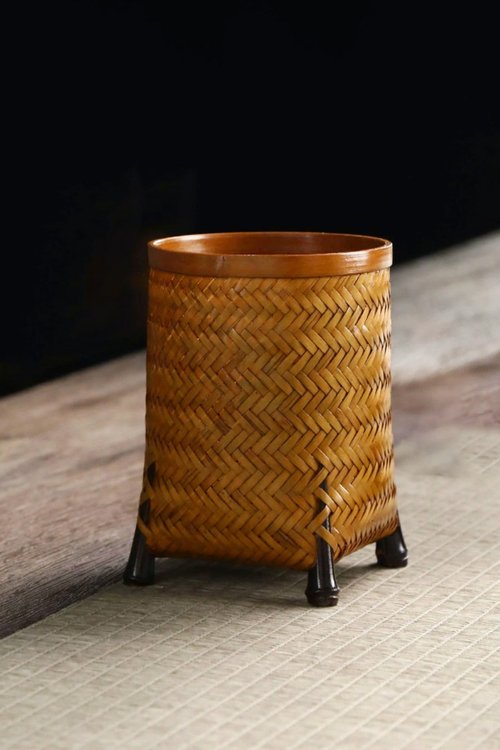 竹編みシリーズ |細かく編み込まれた焼き茶器のペン立て、花瓶 |収納