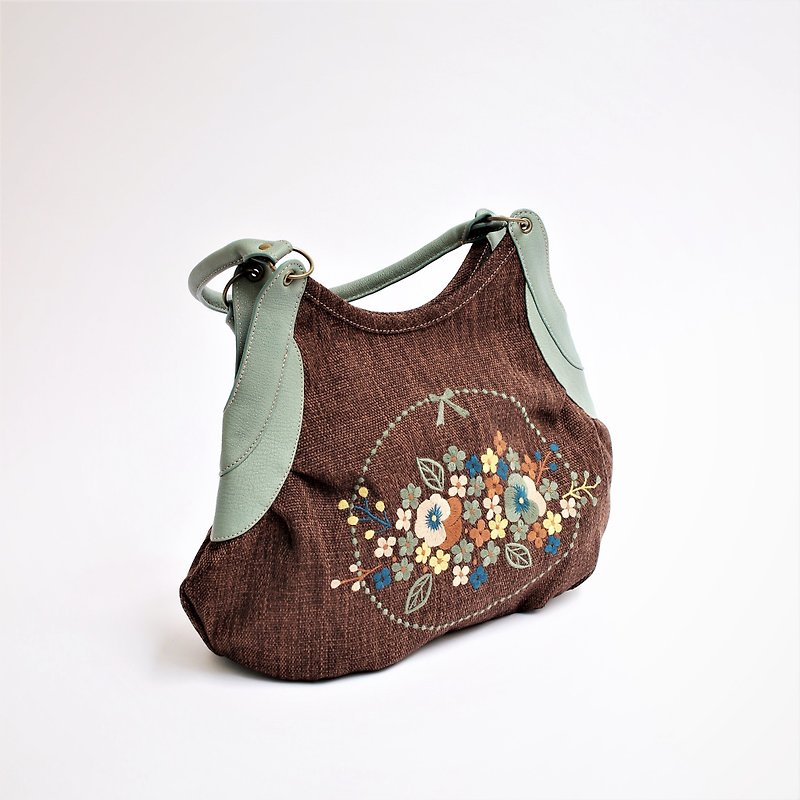 Pansy Embroidery / Granny Bag - Handbags & Totes - Genuine Leather Brown