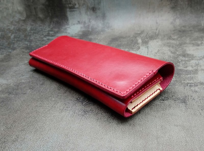 X-Dark red vegetable tanned leather version simple long clip/wallet - กระเป๋าสตางค์ - หนังแท้ สีแดง