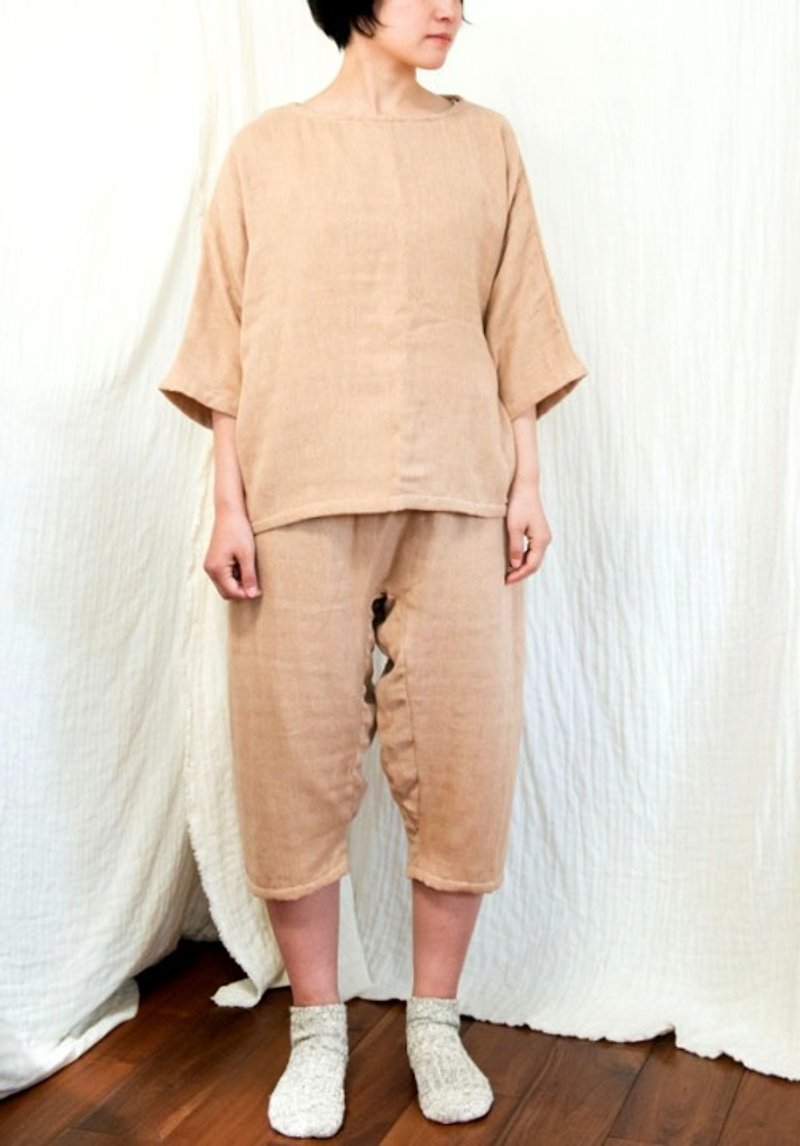 Organic Cotton Triple Gauze Loose Pajamas 3/4 Length Set [Brown]