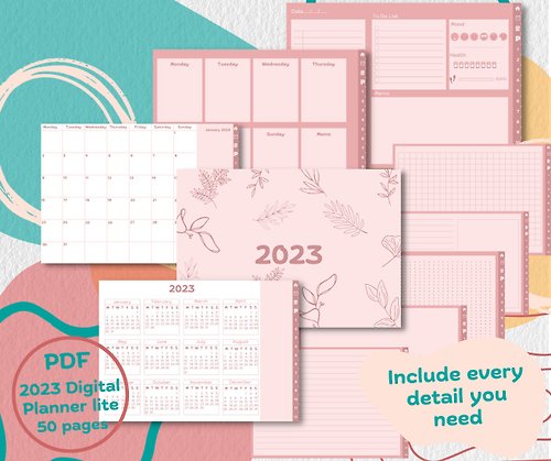 meverything 2023 Digital Planner pink pastel lite version 50 pages , free 114 png sticker