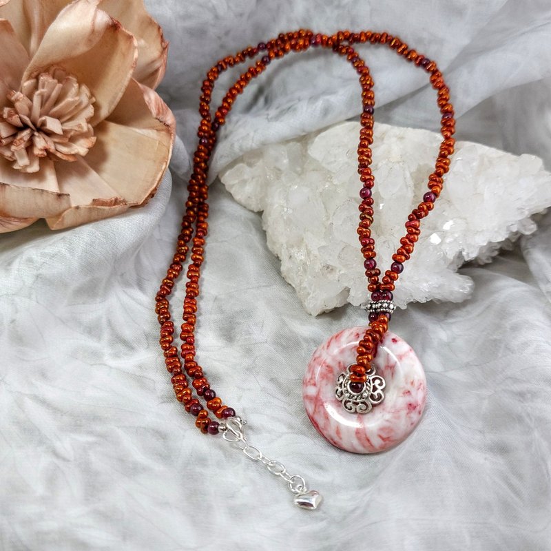 項鍊 天然 雞血石 朱砂 平安扣 紅石榴石 琉璃珠 925銀飾 長項鍊 - 項鍊 - 寶石 紅色