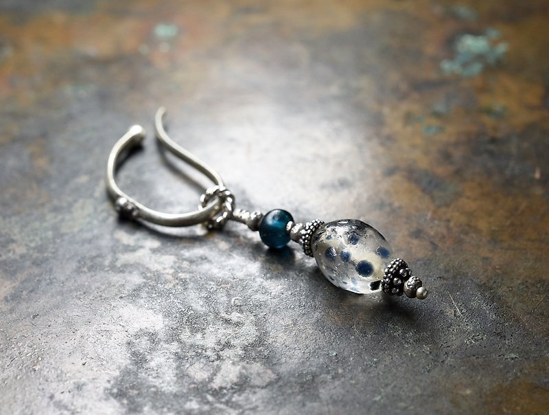 Indian Silver ear cuff with ancient glazed crystal and Indigo blue antique beads