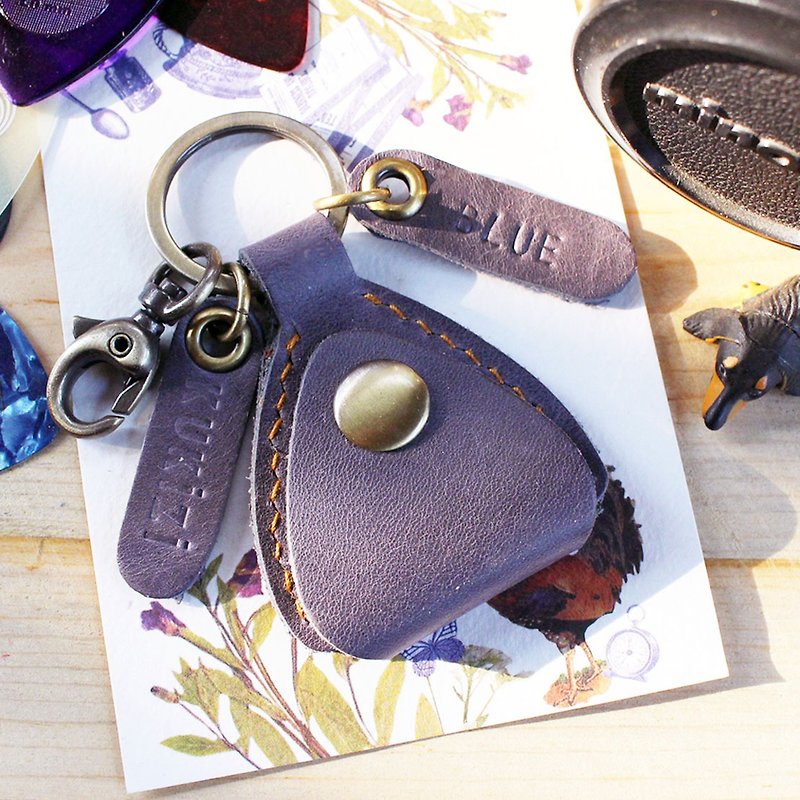 Handmade Leather Guitar / Bass Pick Case - สีน้ำเงิน / Key Ring / Personalized - ที่ห้อยกุญแจ - หนังแท้ สีน้ำเงิน