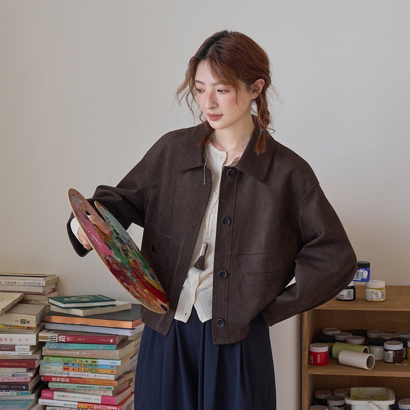 仿麂皮廓型皮衣|外套|夏秋款|Sora-1871 - 女大衣/外套 - 其他人造纖維 咖啡色