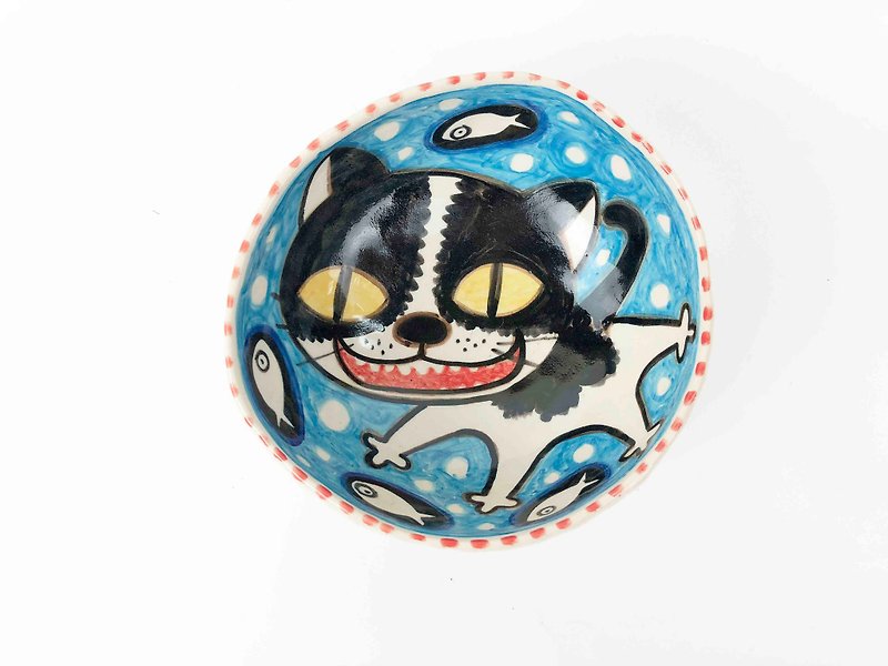 Nice Little Clay handmade four-legged bowl smile flower cat 02021-02 - ถ้วยชาม - ดินเผา สีน้ำเงิน