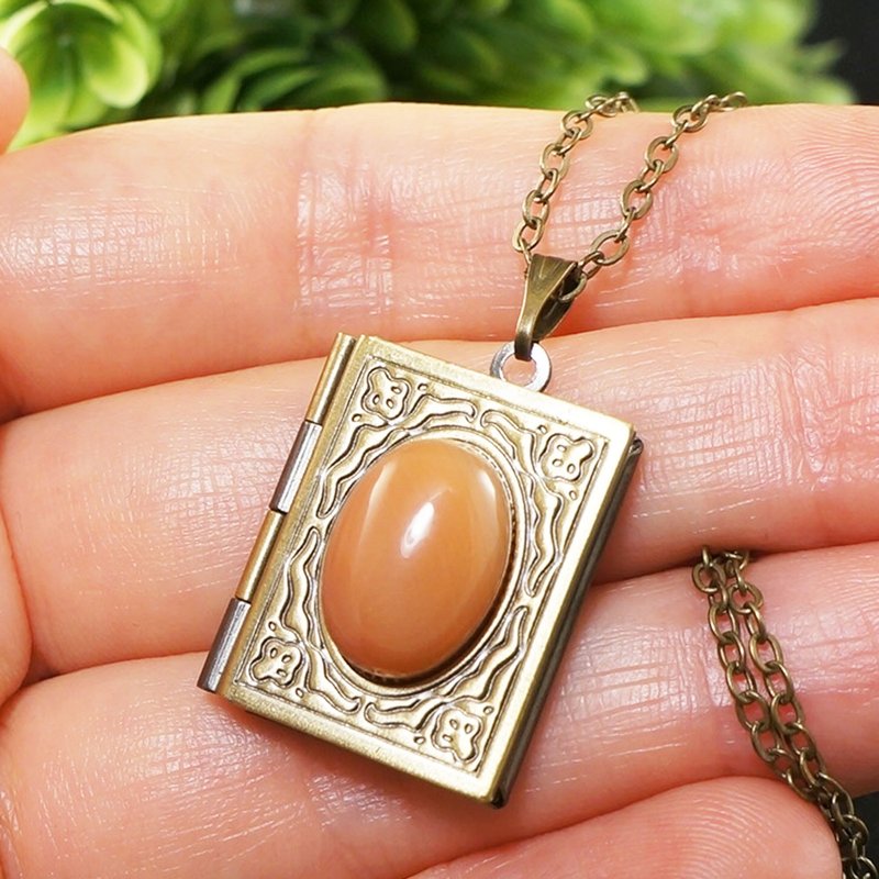 Peach Orange Agate Locket Rectangle Book Photo Locket Pendant Necklace Jewelry - 項鍊 - 半寶石 橘色