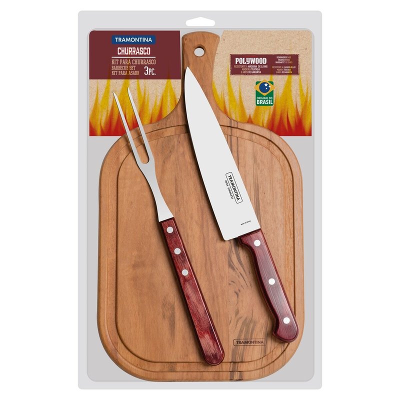 TRAMONTINA CHURRASCO 3 PC BBQ SET - 8in MEAT KNIFE + CARVING FORK + BOARD - Knives & Knife Racks - Other Materials 