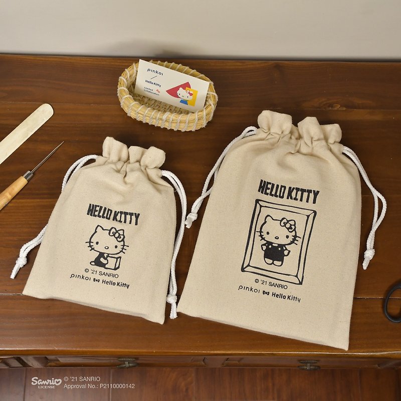 Hello Kitty 藏書袋 - 帆布束口袋 - 水桶袋/索繩袋 - 棉．麻 白色