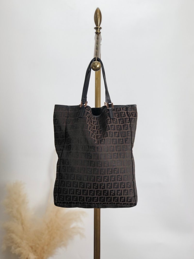 【 日本直送　名牌中古包 】FENDI フェンディ ズッキーノ トートバッグ ブラウン ジャガード vintage ヴィンテージ オールド 6duur4 - 手提包/手提袋 - 棉．麻 咖啡色