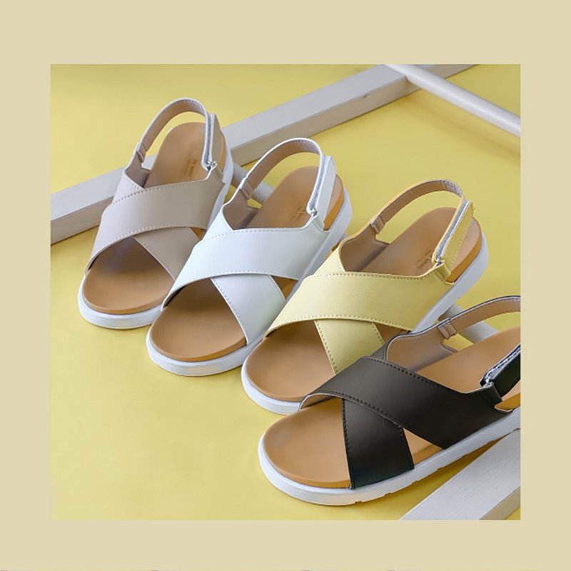 Summer Pastel Wide Cross Sandals - Black/White/Yellow/Apricot 1ML231 - รองเท้ารัดส้น - หนังเทียม ขาว