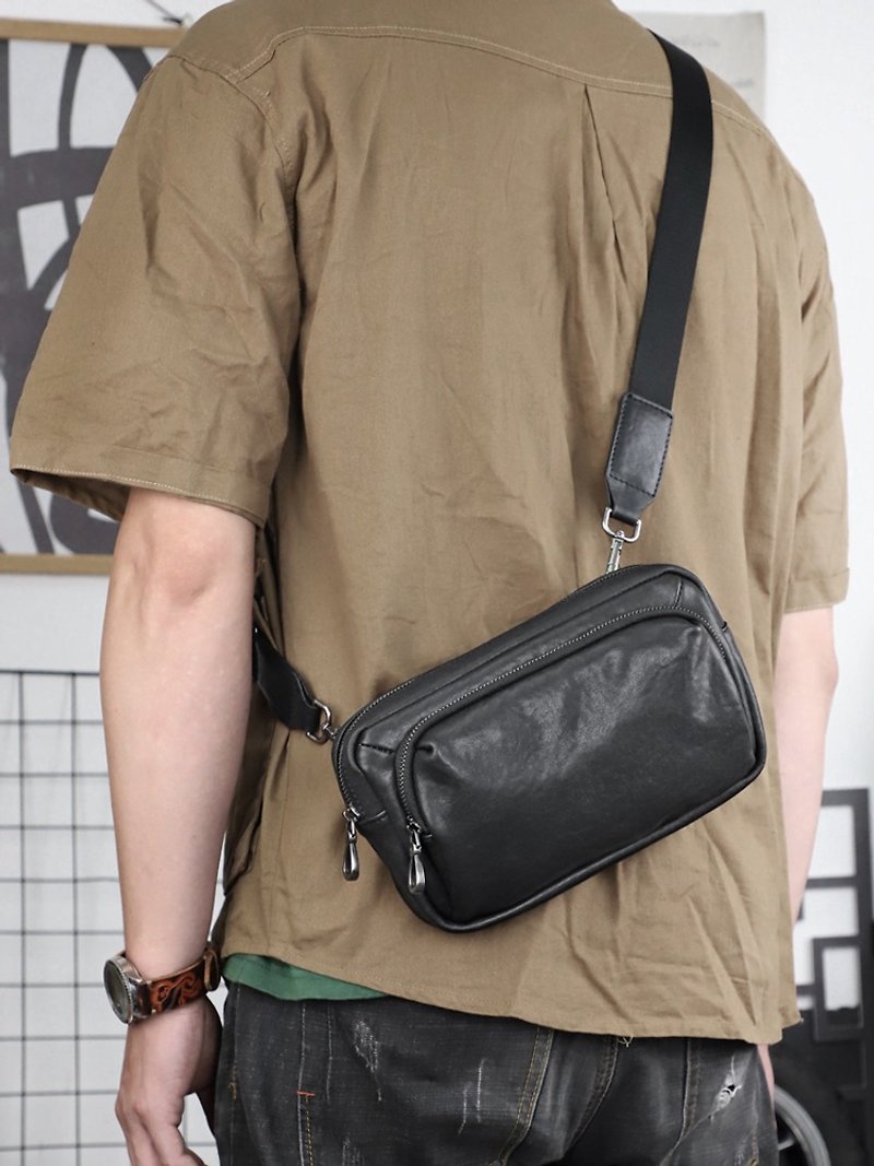 Men's Leather Crossbody Shoulder Bag Genuine Leather Clutch Bag Handbag Outdoor - กระเป๋าแมสเซนเจอร์ - หนังแท้ สีดำ
