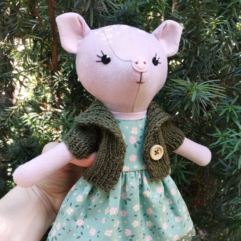 Pink pig girl, handmade plush toy, wool stuffed piggy doll - Stuffed Dolls & Figurines - Wool Multicolor