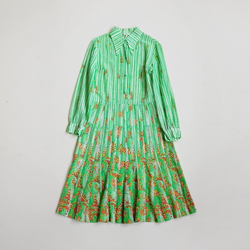 [Egg Plant Vintage] Luye Chunshen Cotton Printed Vintage Dress - One Piece Dresses - Cotton & Hemp Green