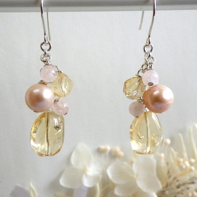 Citrine and freshwater pearl earrings - ต่างหู - เครื่องประดับพลอย สีเหลือง