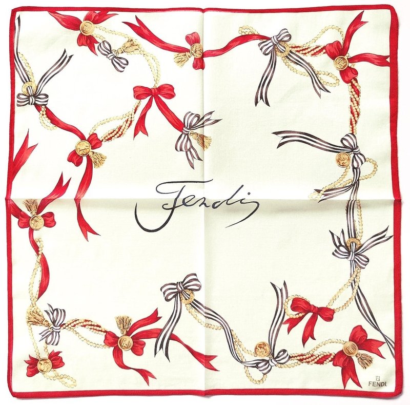 Fendi Sheer Scarf with Ribbon & Pearl Print, Vintage Logo Design 18 x 18 inches - 手帕 - 棉．麻 紅色