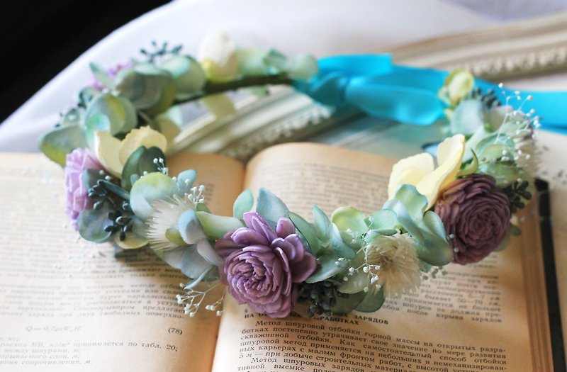 新娘花冠【乾燥花與仿真花系列】太陽玫瑰(藍紫) - 髮夾/髮飾 - 其他材質 藍色
