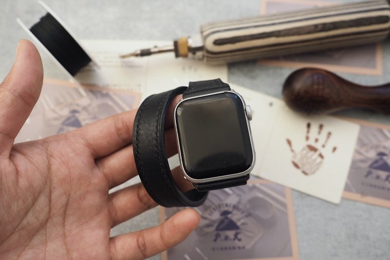 純手工牛皮愛馬仕雙圈款蘋果AppleWatch錶帶 客製化刻字禮物 訂製 - 錶帶 - 真皮 黑色