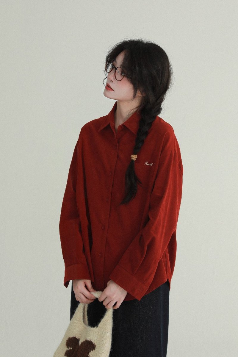 3 colors embroidered corduroy shirt Japanese style simple neutral casual shirt - Women's Shirts - Cotton & Hemp Red