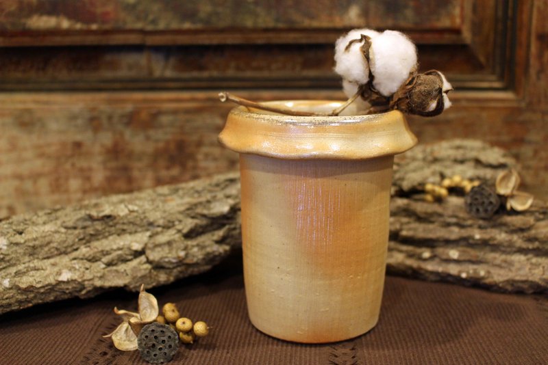 柴燒 | 金銀彩直筒花器 - 花瓶 - 陶 橘色