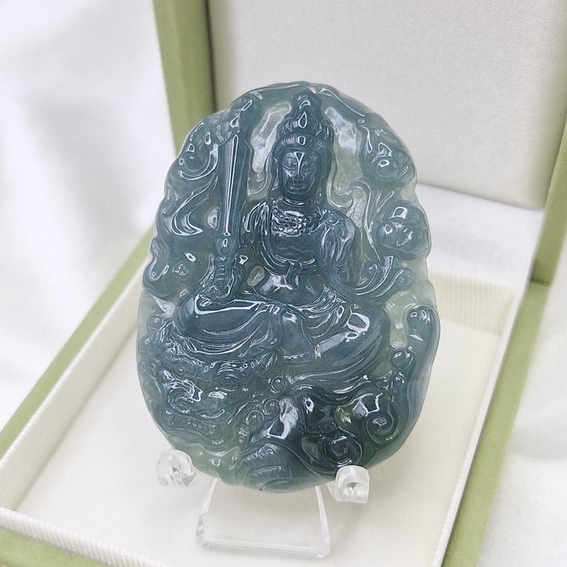 冰潤深藍水 文殊菩薩 吊墜 生肖兔守護神 | 天然A貨翡翠 - 項鍊 - 玉石 