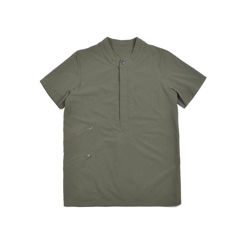 oqLiq-AdHeRe-Mountain Variety Henry Collar Short Sleeve Top (Green) - Men's T-Shirts & Tops - Other Man-Made Fibers Green