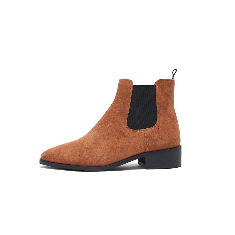 Hong Kong Brand Spot Italian Leather Small Square Toe Chelsea Boots-Brown - รองเท้าบูทสั้นผู้หญิง - หนังแท้ สีนำ้ตาล