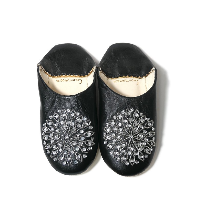 Black / silver / moroccan Leather babouche Slippers / High quality odourless - รองเท้าแตะในบ้าน - หนังแท้ สีดำ