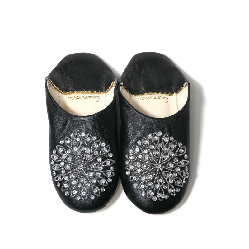 Black / silver / moroccan Leather babouche Slippers / High quality odourless - รองเท้าแตะในบ้าน - หนังแท้ สีดำ