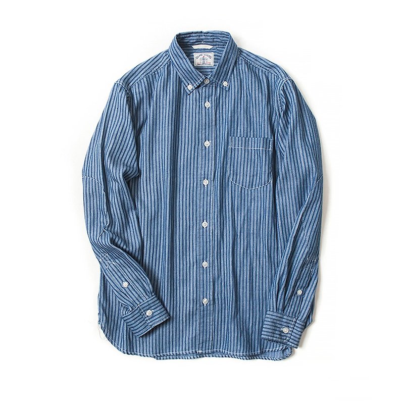 Stripes Discharge Print Long Sleeve Dark Indigo Shirt - เสื้อเชิ้ตผู้ชาย - ผ้าฝ้าย/ผ้าลินิน สีน้ำเงิน
