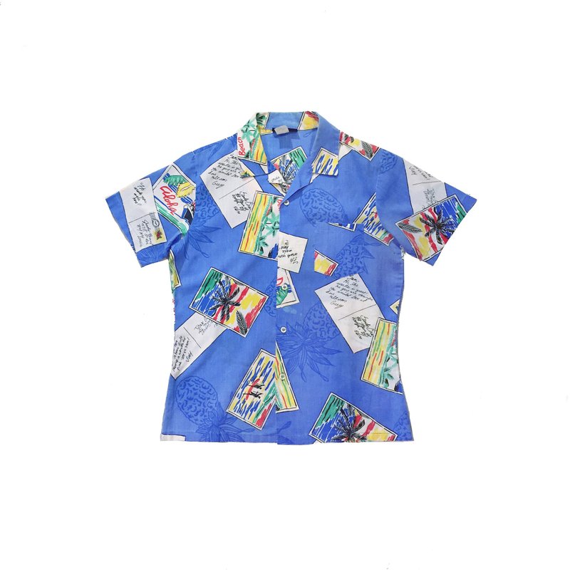 80s 美國古著明信片圖騰夏威夷襯衫 - 男襯衫/休閒襯衫 - 棉．麻 多色