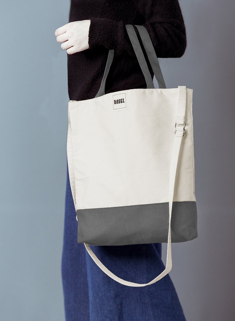 Unprinted color matching adjustable strap three-purpose canvas bag / shoulder / hand-held / cross-body / beige + gray - กระเป๋าแมสเซนเจอร์ - ผ้าฝ้าย/ผ้าลินิน สีเทา