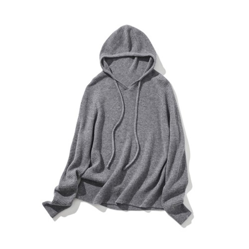 Natural-looking knit hoodie with hood, 100% wool, gray, 231018-5 - เสื้อผู้หญิง - ขนแกะ 