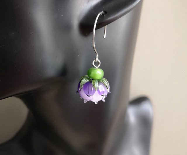 Purple Flower Earrings, Lampwork Glass Flower Earrings, handmade