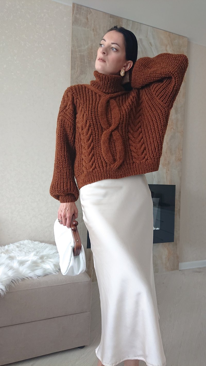 Rib knit sweater Twist knitted sweater Turtleneck sweater Brown sweater - 女毛衣/針織衫 - 羊毛 
