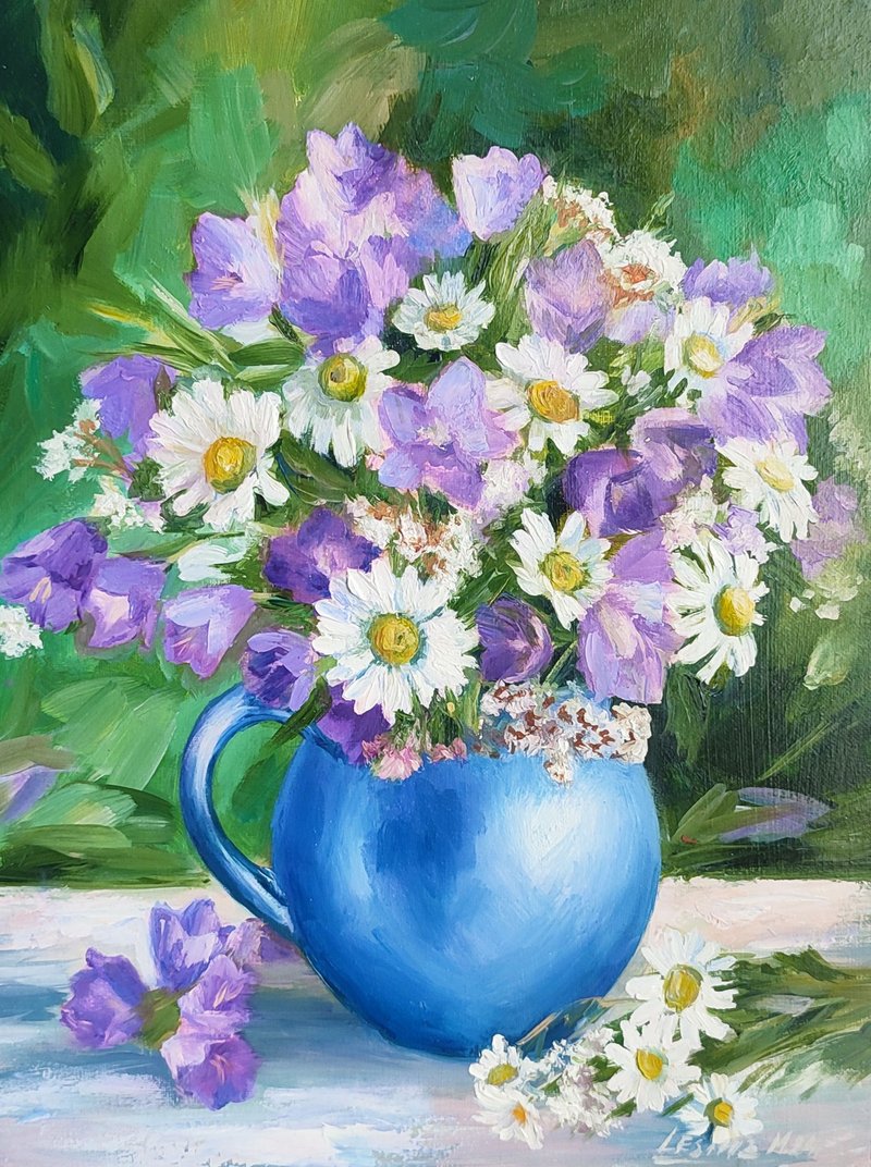 Wild Flowers Painting Flower Original Art Canvas Still life Oil Artwork Bouquet - ตกแต่งผนัง - วัสดุอื่นๆ สีม่วง