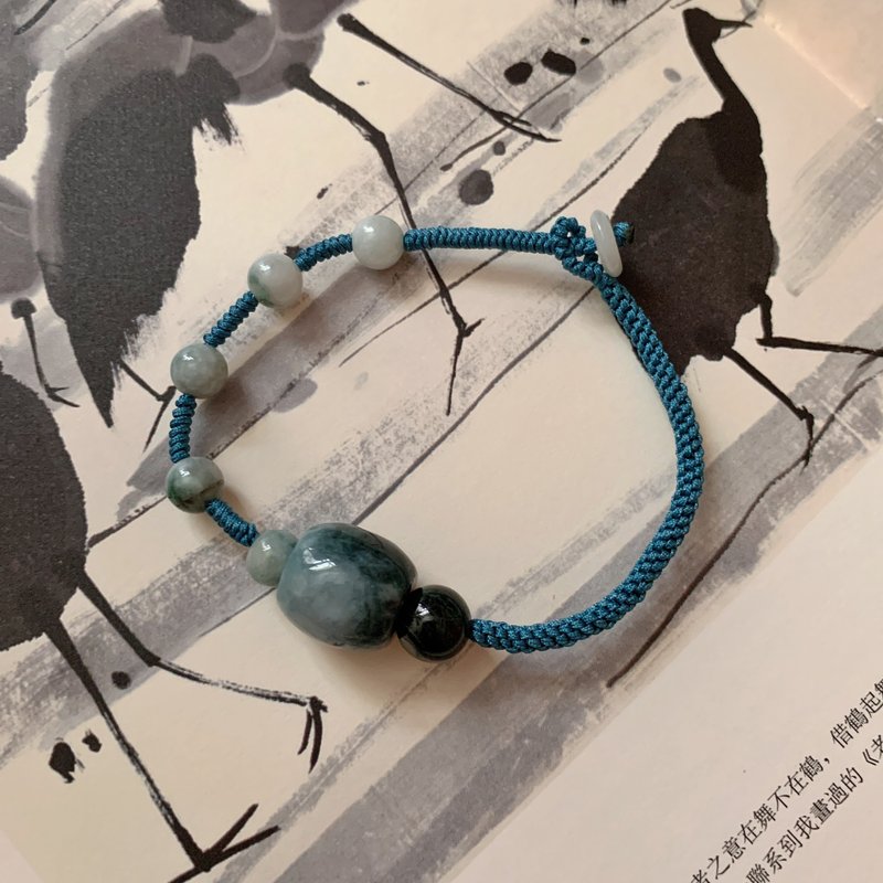 船波漾漾。天然緬甸翡翠復古編織手鏈 墨翠平安文藝禮物古典手繩 - 手鍊/手環 - 玉石 綠色