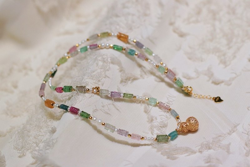 天然碧璽項鏈搭配淡水珍珠古法銀葫蘆福祿安康平安喜樂聖誕禮物 - 項鍊 - 水晶 