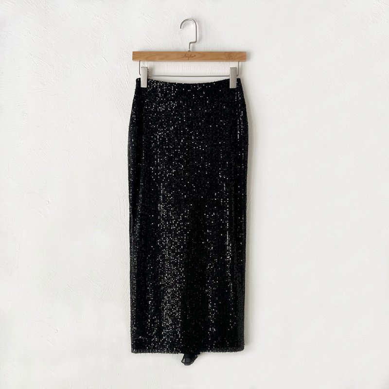 Customized series - chiffon tail hip slit split straight skirt (sequin black) - Skirts - Other Materials 