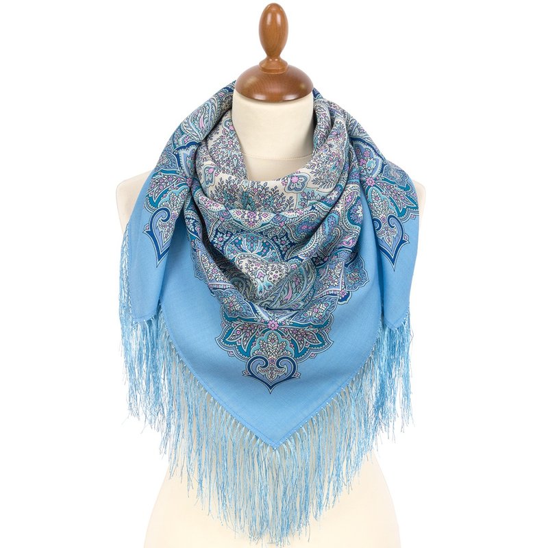 Authentic Pavlovo Posad Russian Shawl Scarf Soft 100% Wool 89x89 cm 2077-11 - 絲巾 - 羊毛 藍色