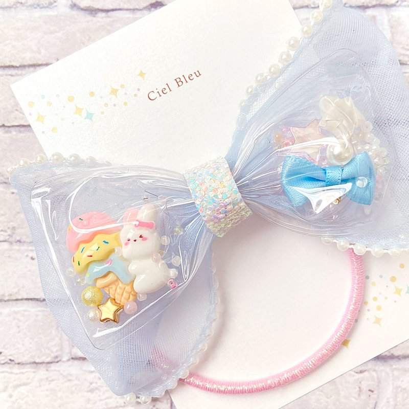 Clear tulle ribbon, rabbit, triple ice cream, light blue, pearl edge organza, hair tie - เครื่องประดับผม - วัสดุอื่นๆ สีน้ำเงิน