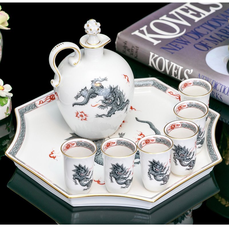 German Meissen hand-painted ink imperial Minglong 1991 tea tasting cup wine glass foreign wine set 8-piece set - แก้วไวน์ - เครื่องลายคราม 