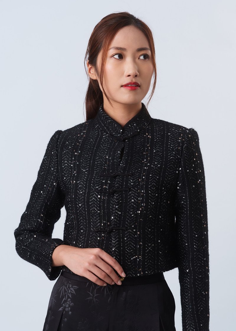 Cropped Tweed Tang Jacket (Black/ Gold) - Women's Blazers & Trench Coats - Cotton & Hemp Black