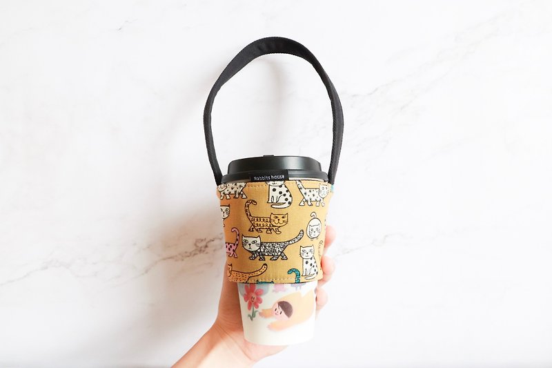 Eco-friendly beverage bag bag - cat print - ถุงใส่กระติกนำ้ - ผ้าฝ้าย/ผ้าลินิน สีส้ม