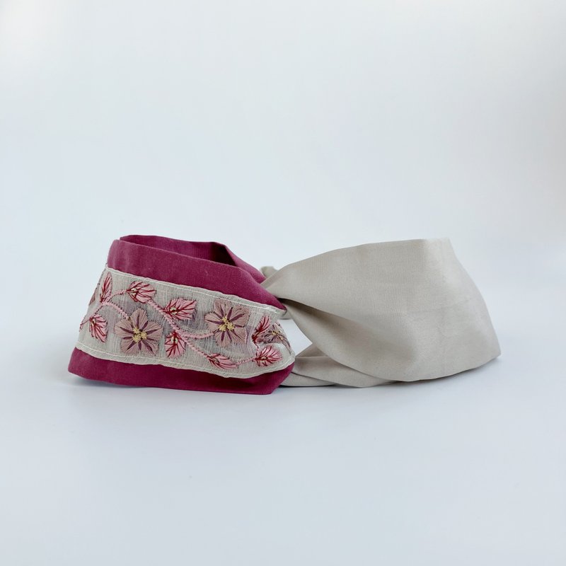 現貨日本刺繡緞帶 藕粉五瓣花葉子 桃色 奶茶色 日本布 交叉髮帶 - 髮圈/髮夾 - 棉．麻 粉紅色
