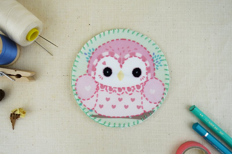 Hand sewing cloth coaster - love owl - ที่รองแก้ว - เส้นใยสังเคราะห์ สึชมพู