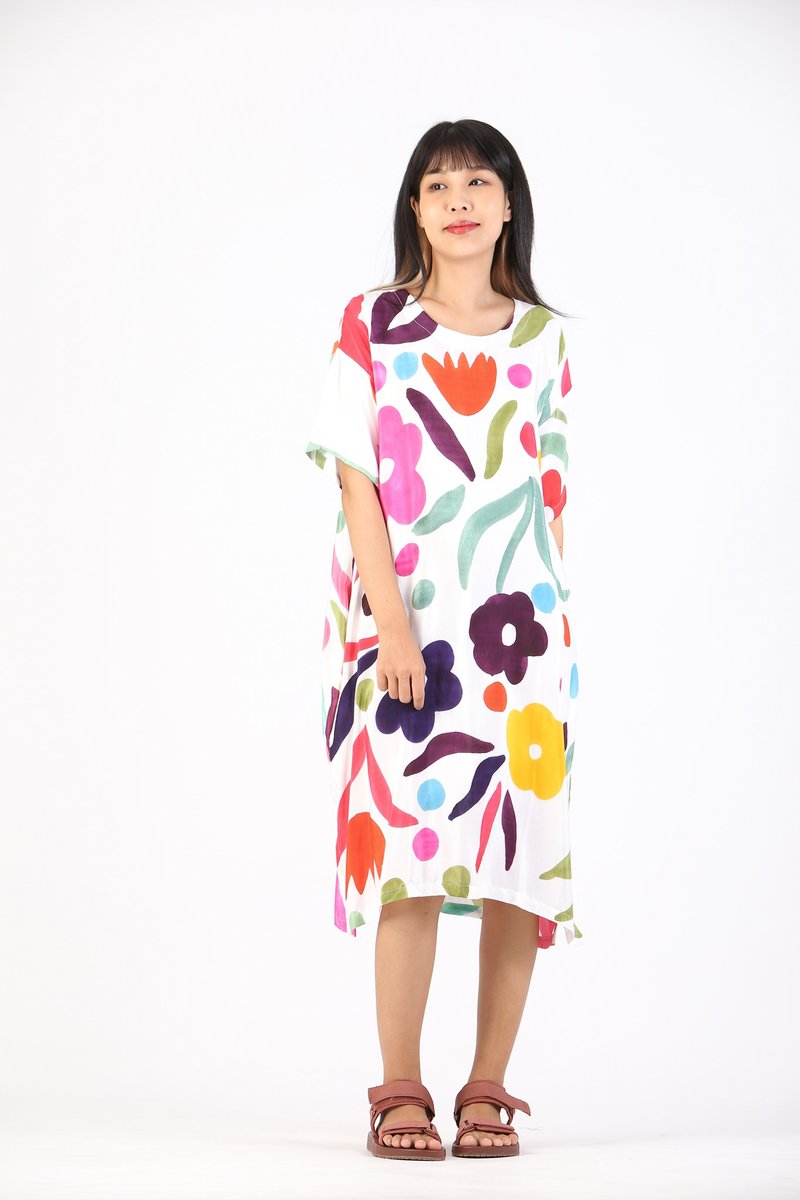 Short Dress Kaftan Cotton Silk Hand Paint Free Size - 洋裝/連身裙 - 棉．麻 多色