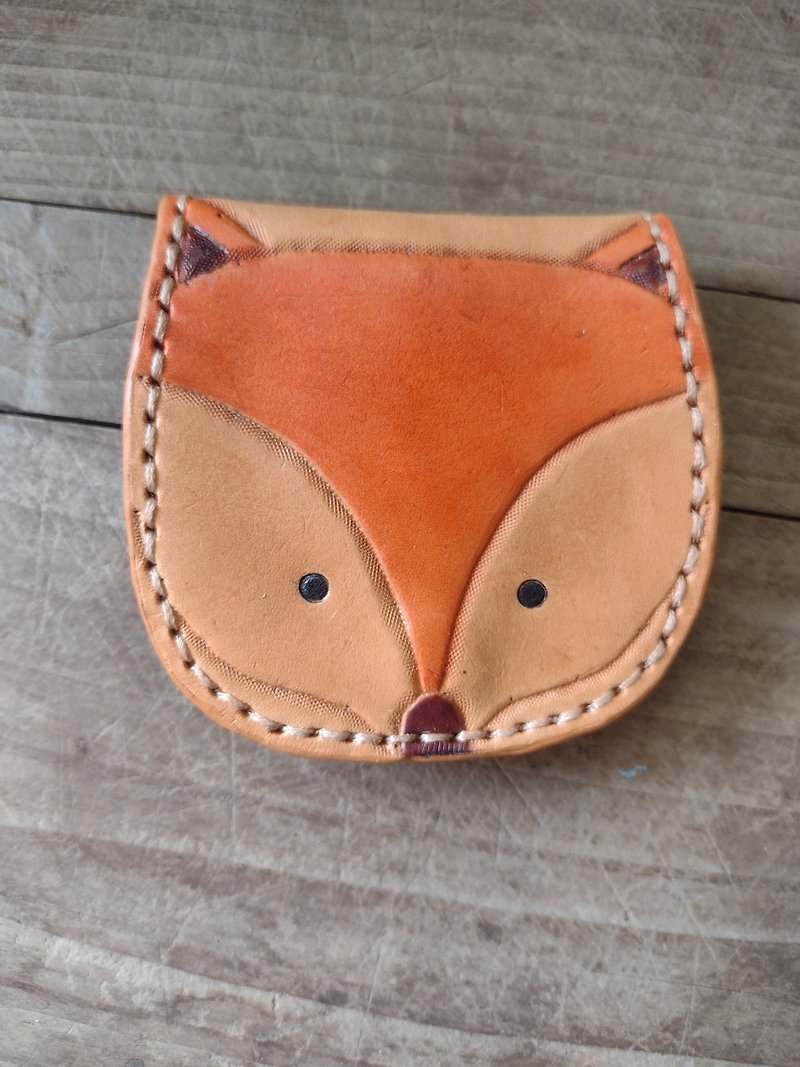Retro yellow cute little fox with pure cowhide horseshoe coin purse with engraved name - กระเป๋าใส่เหรียญ - หนังแท้ สีกากี