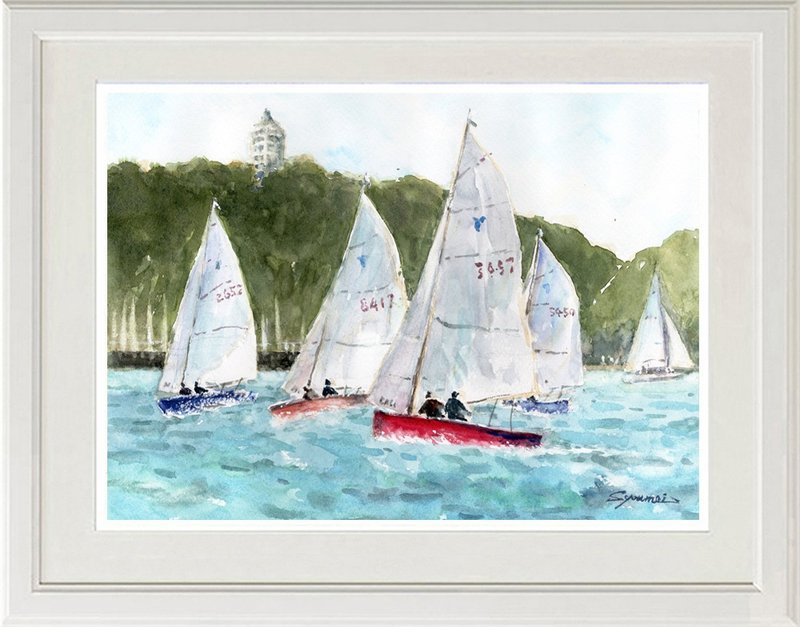 Original watercolor painting: Sailing yacht, off the coast of Enoshima - Posters - Paper Blue