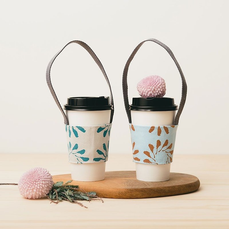 Take-Out Cup Holder(2pcs)/Black Drongo Circles/Blue & Brown + Rock Grey - Beverage Holders & Bags - Cotton & Hemp Multicolor